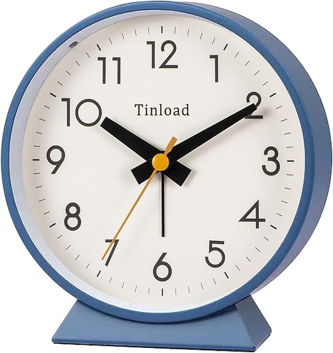 4.5" Battery Operated Analog Alarm Clock, Small Silent Bedside Desk Clock with Night Light, Blue