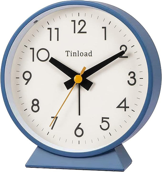4.5" Battery Operated Analog Alarm Clock, Small Silent Bedside Desk Clock with Night Light, Blue