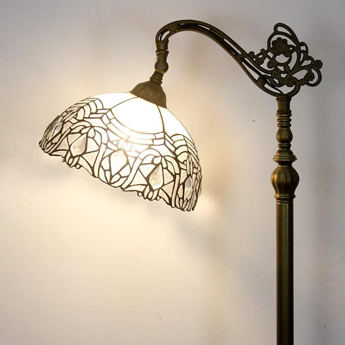 WERFACTORY Tiffany Floor Lamp White Crystal Bent Stained Glass Arched Lamp 12X18X64 Inches Gooseneck Adjustable Corner Standing Reading Light Decor Bedroom Living Room S508W Series