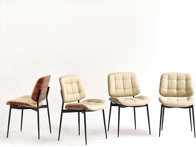 Mid Century Modern Dining Chairs with Walnut Grain Back, Beige Faux Leather Dining Room Chairs Set of 4, Checkered Soft Cushion Kitchen Chairs with Adjustable Foot Pads