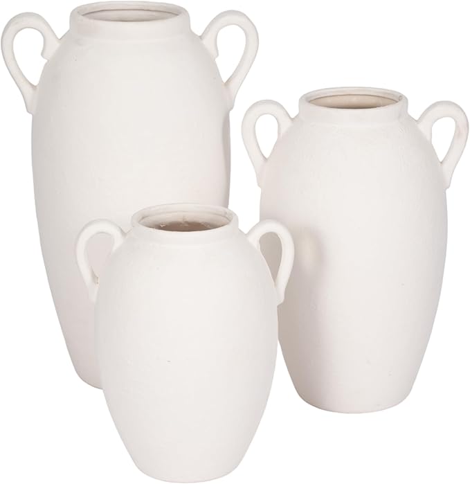 Sagebrook Home Stoneware Vase with Handles Ceramic Rustic for Flowers - Home Decor for Living Room, Bedroom, Office - Textured Pottery Accent for Floral Arrangements - 13" White