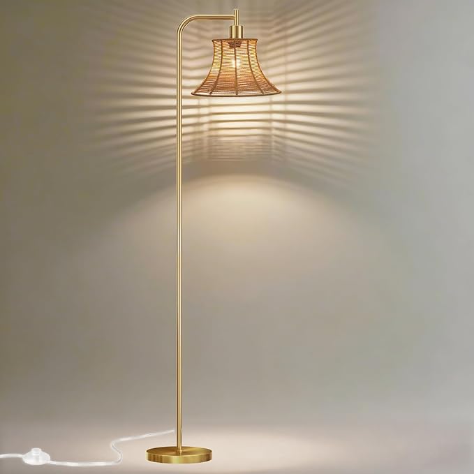 Floor Lamp,67" Modern Vintage Standing Lamp with Rattan Lampshade Metal Pole for Living Room, Bedroom, Office - Heavy Base,Pedal Switch(Include E26 Bulb)