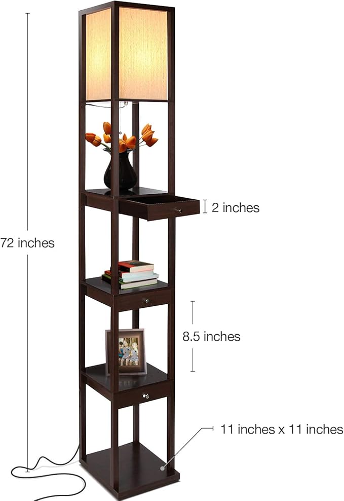 Brightech Maxwell Drawer Edition - Modern Shelf Floor Lamp with Drawer - Corner Display Floor Lamps with Shelves for Living Room, Bedroom and Office - Havana Brown