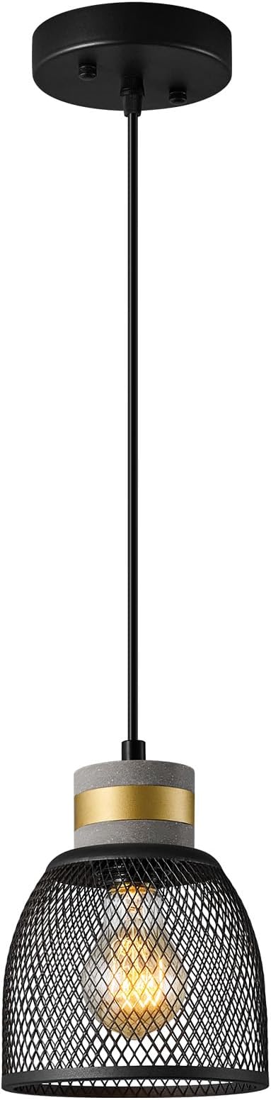 Modern Industrial Pendant Light Fixture with Concrete and Black Metal Linear Shade Black Pendant Light Kitchen Island for Bedroom Dining Room Restaurant(Black 1-Pack)