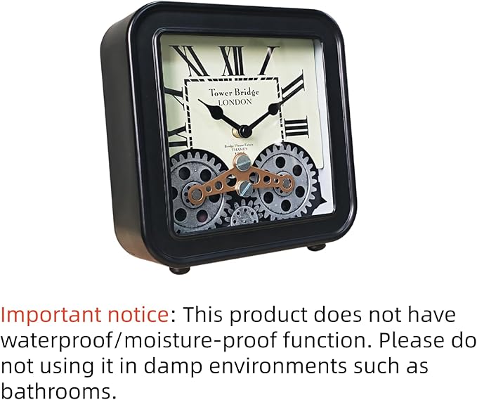 Desk Clock Vintage Metal Table Clocks with Moving Gears, Silent Retro Industrial Steampunk Quartz Small 6 inch End Table Clock for Home Office Living Room Decor Battery Operated (Black)