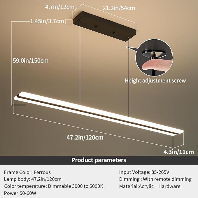 47" LED Linear Pendant Light Fixtures, 25W Dimmable Pool Table Light with Remote, Modern Island Lights for Kitchen Dining Room Living Room Office Bar