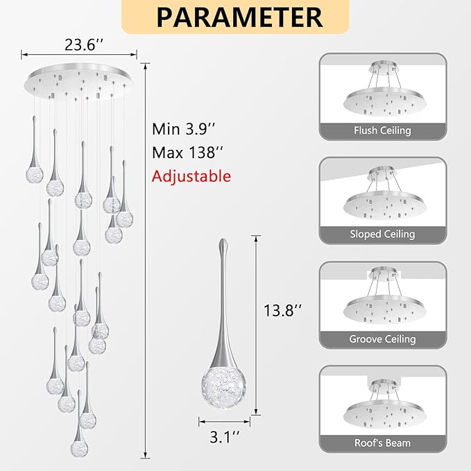 18 Light Modern Glam Crystal Chandelier for High Ceiling LED Dimmable Ceiling Pendant Light Staircase Foyer Enterway Living Room Chandelier Lighting Antique Silver