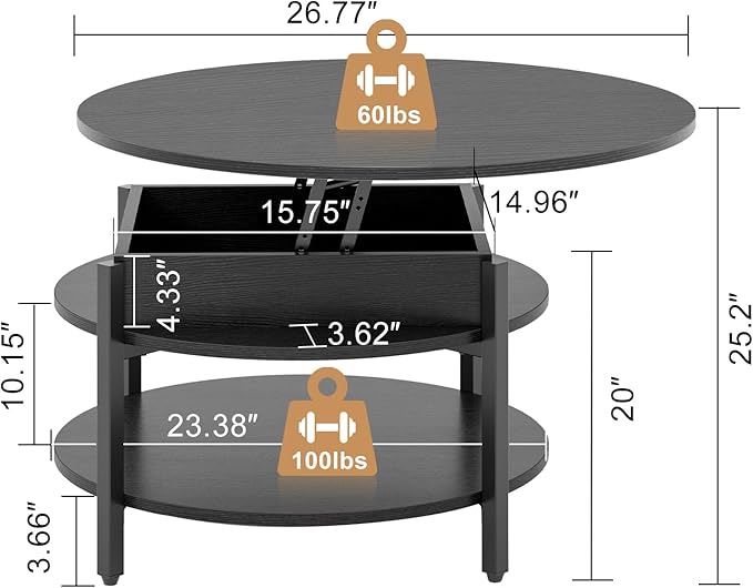 FABATO Round Lift Top Coffee Table with Storage and Hidden Compartment, 26.77'' Farmhouse Coffee Table for Living Room Reception Room, 2 Tier Small Round Coffee Table Circle Dining Table, Black