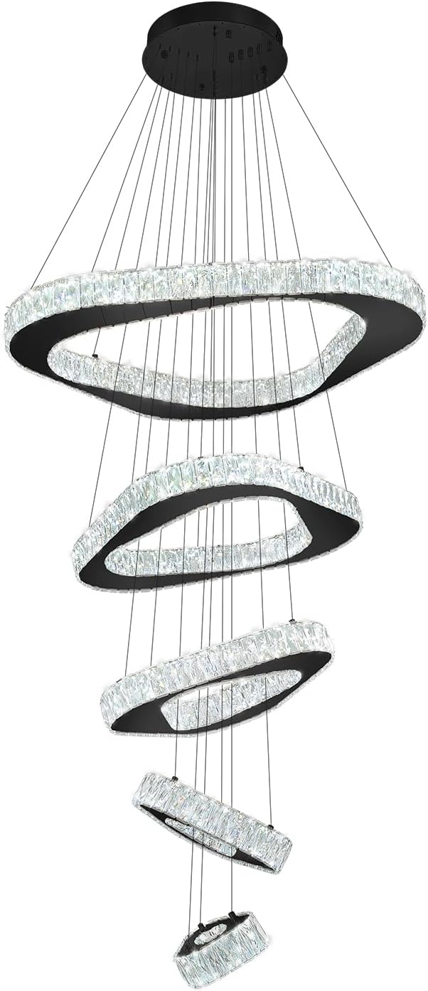 Large Modern Chandelier 5 Ring Chandeliers for High Ceiling Dimmable Black Chandelier High Ceiling Foyer Chandeliers for Living Room Dining Room Staircase