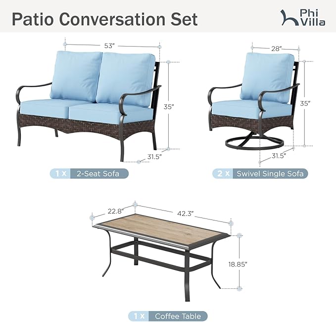 PHI VILLA Outdoor Porch Furniture Set, Upgraded Wicker&Metal Deep Seating Patio Furniture Conversation Set with Waterproof Thick Cushions for Balcony, Deck, and Yard (4 Pieces,Blue)