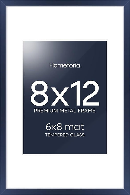 Homeforia 8x12 Picture Frame Navy Blue, High End Metal 8 x 12 Poster Frames with Mat 6 by 8 Photo, 12x8 Frame Matted to 6x8 inch Print, 8by12 Wall or Tabletop Frame, Tempered Glass, Wall Kit, Set of 1