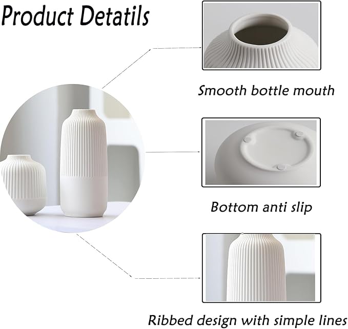 White Ceramic Vase Set of 2, Flower Vases Home Decor, Boho Vase for Pampas Grass, White Vases for Centerpieces Table Entryway Shelf