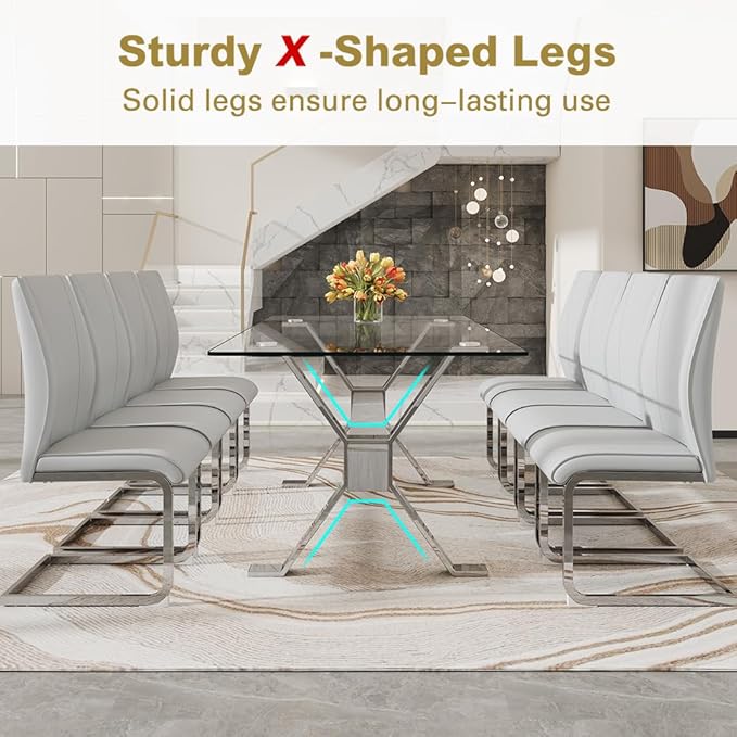 71'' Glass Dining Table Set for 8,9 Piece Dining Table Set with Tempered Glass Tabletop and Open‑Frame X‑Shaped Metal Base,Kitchen Table and Chairs Ideal for Dining Room&Home Office