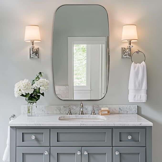 ANDY STAR Brushed Nickel Mirror, 24x32’’ Oval Mirror for Bathroom, Brushed Nickel Oblong Bathroom Mirror for Over Sink, Modern Anti Rust Silver Vanity Mirror