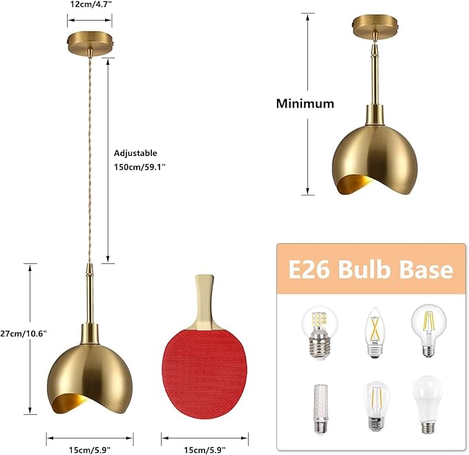 KCO Lighting Modern Gold Pendant Light Fixture Mini Brushed Brass Farmhouse Pendant Lighting Kitchen Island Hallway Foyer Mid Century Vintage Industrial Hanging Ceiling Lamp