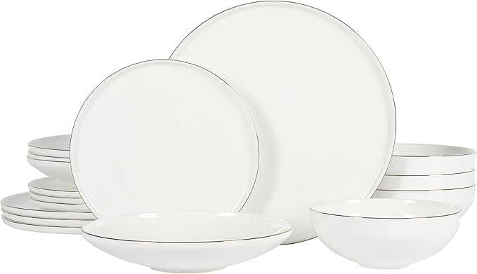 Gibson Elite Lana 16 Piece Bone China Double Plates and Bowls Dinnerware Set, White w/Gold Rim