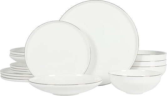 Gibson Elite Lana 16 Piece Bone China Double Plates and Bowls Dinnerware Set, White w/Gold Rim