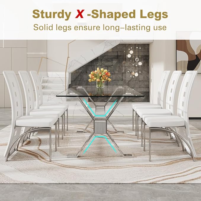 71'' Glass Dining Table Set for 6,7 Piece Dining Table Set with Tempered Glass Tabletop and Open‑Frame X‑Shaped Metal Base,Kitchen Table and Chairs Ideal for Dining Room&Home Office