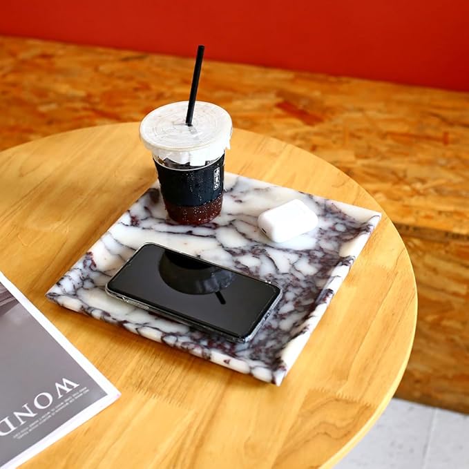 Natural Marble Tray, Coffee Table, Food, Fruit, Paper Cup, Cake Display, Coffee bar, Family Gatherings, Seasonal Holiday Decoration Tray(Viola-Square-9.8"x9.8"x0.7")