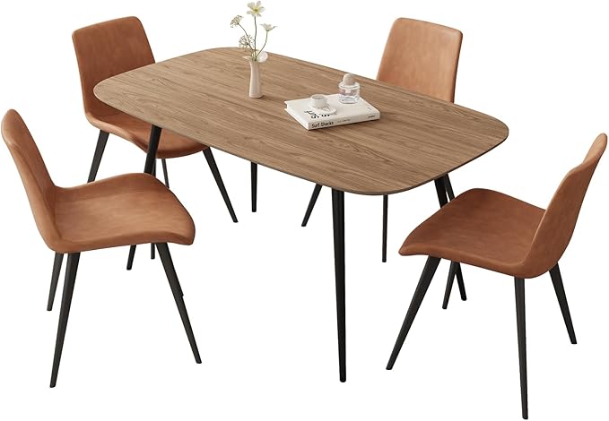 47.2'' Dining Table Set for 4,Modern Wood Dining Table,Leather Dining Chairs 4,Table and Chairs Set of 4,Ideal for Kitchen Dining Room (Walnut Color Table + 4 Brown Chairs, 47.2")