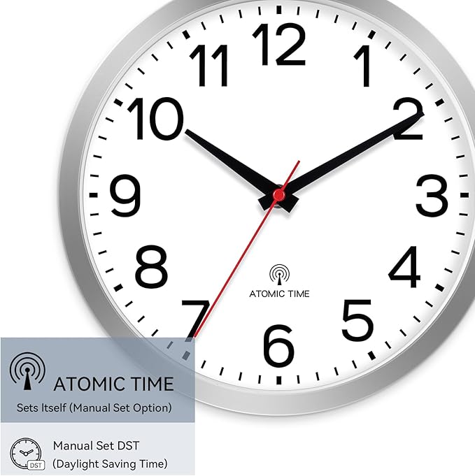 AKCISOT Atomic 12 Inch Wall Clock Analog Clocks for Indoor Kitchen, Battery Operated Clock for Bedroom Office Classroom Living Room(Silver)