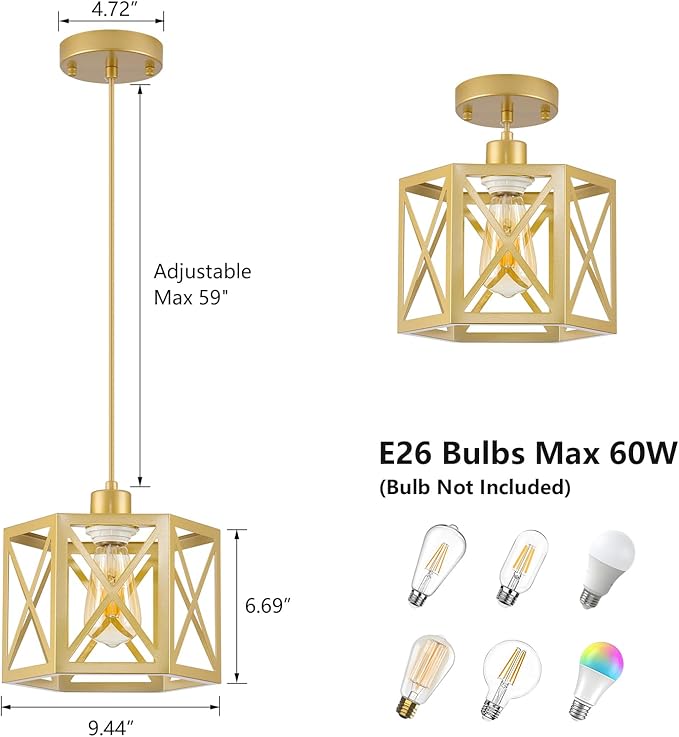 2 Pack Gold Pendant Lights, Modern Farmhouse Hanging Light Fixture with Hexagonal Cage, Vintage Brass Metal Ceiling Lights, Adjustable Lantern Pendant Lighting for Kitchen Island Sink Hallway