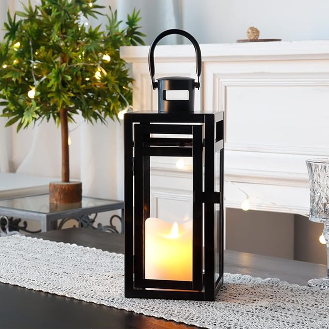 TRIROCKS Metal Candle Lantern 12'' High Decorative Outdoor Lantern Hanging Lantern with Tempered Glass for Christmas Home Decor Living Room Parties Events Tabletop Indoors Outdoors (Black Matte)