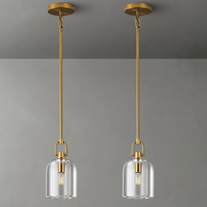 Brass Pendant Light Fixtures, Gold Pendant Light, Indoor Pendant Light for Kitchen Island Dining Room Living Room Bedroom Bathroom, E12 Bulb Included, 2PCS
