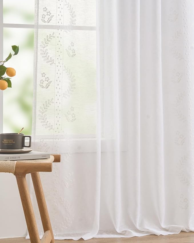 jinchan Belrose Linen Sheer Curtains for Living Room 63 Inch Length Sheer Voile Embroidered Floral Curtains for Bedroom Light Filtering Rod Pocket Window Treatments Farmhouse Decor 2 Panels White
