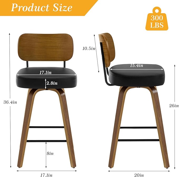 Swivel Counter Height Bar Stools Set of 4, Mid-Century Modern Upholstered Faux Leather Barstools with Wood Back, 26" Seat Height Bar Stools for Kitchen Island, Black Seat and Walnut Frame