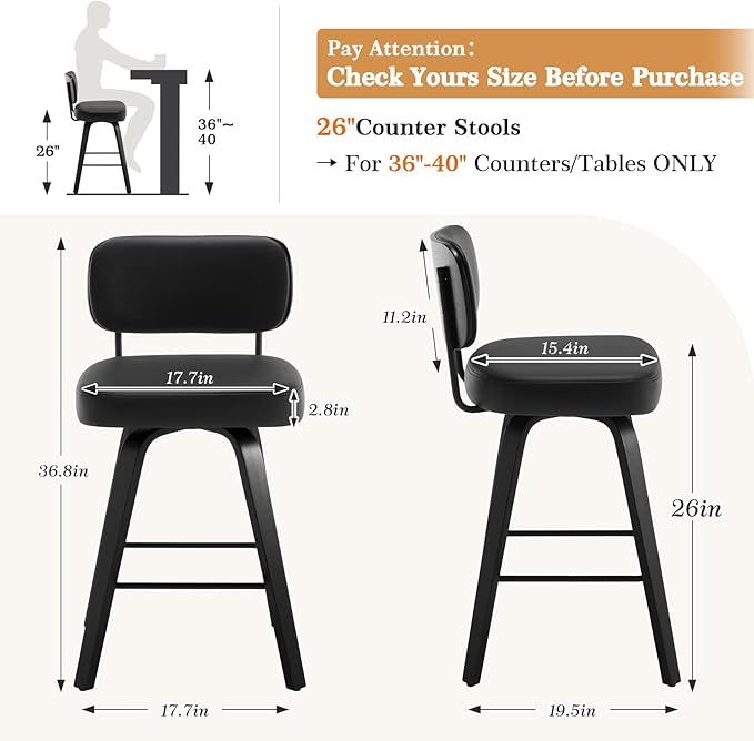 Swivel Counter Height Bar Stools Set of 4, 26" Upholstered Faux Leather Barstools with Back, Bar Chairs Island Stools for Kitchen Counter, Black Wood Frame, Black
