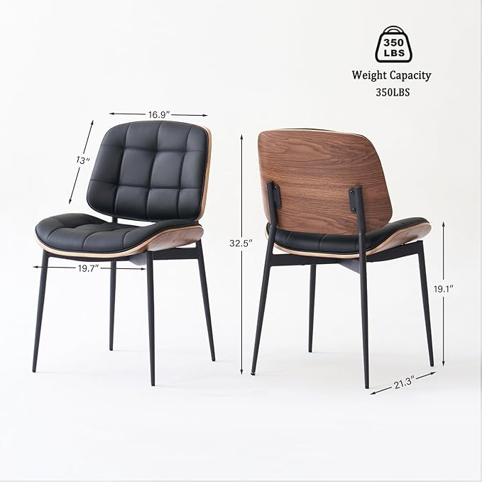 Mid Century Modern Dining Chairs with Walnut Grain Back, Black Faux Leather Dining Room Chairs Set of 2, Checkered Soft Cushion Kitchen Chairs with Adjustable Foot Pads