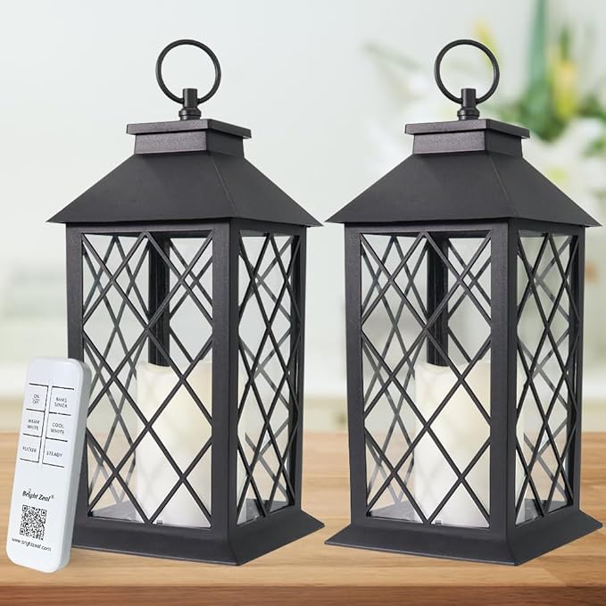 Bright Zeal 2-Pack 13.5" Candle Lanterns Outdoor Waterproof Decorative Lights with Timer Remote - Decorative Indoor LED Lanterns Battery Operated - Cool White Vintage Lantern Outdoor