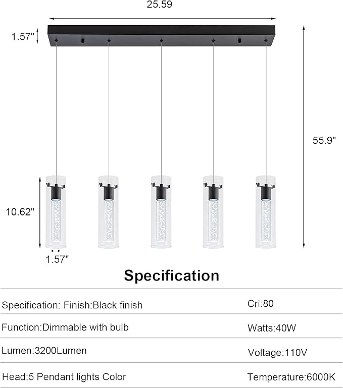 Black Pendant Light, 5-Light Pendant Lighting for Kitchen Island, Pendant Lights Kitchen Island for Dining Room, Living Room, Corridor, Cafe bar, Club, Restaurant