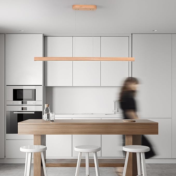 39" Wooden Linear Pendant Light LED Pendant Lights Dimmable Pool Table Island Lights Modern Linear Chandeliers for Dining Room Kitchen Ceiling Pendant Lamp for Kitchen Island Billiard Room Natural
