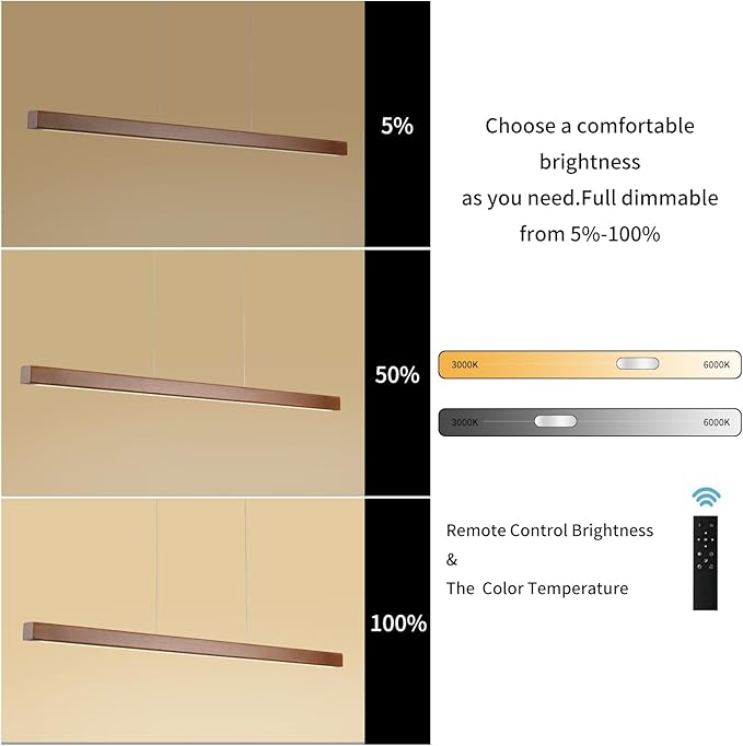 47 Inch Wood Linear Pendant Light Dimmable LED Kitchen Island Lighting with Remote Adjustable Hanging Chandelier for Dining Room Bar Pool Table 30W Modern Farmhouse Fixture Walnut Color