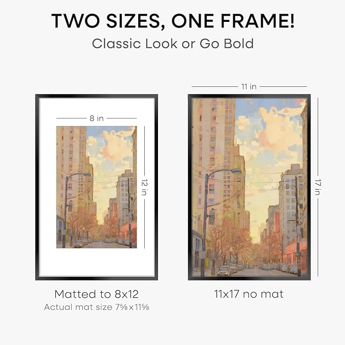 Homeforia 11 x 17 Picture Frame Black, High End Metal 11x17 Poster Frames with Mat 8x12 for Photo, 11 x 17 Black Frame Matted to 8 x 12 inch Print, 17x11 Thin Frame, Tempered Glass, Wall Kit, Set of 4