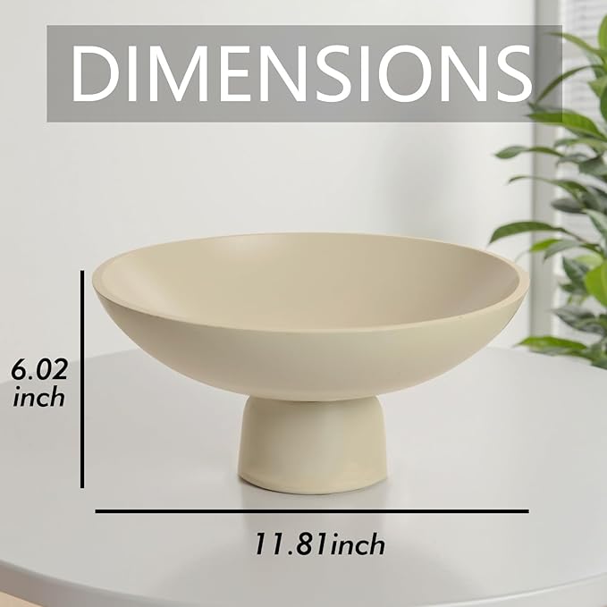 Large Decorative Fruit Bowl for Kitchen Counter - 11.8 Inch Handcrafted Resin Pedestal Bowls for Home Decor, Modern Key Purse Bowl for Entryway Table, Beige