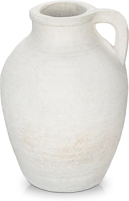 Ceramic Rustic Farmhouse Vase, 9 inch Ceramic White Flower Vase for Centerpieces Pampas Grass Pottery Jug with Handle Boho Modern Rustic Farmhouse Decor for Living Room Kitchen Dinner Table Shelves