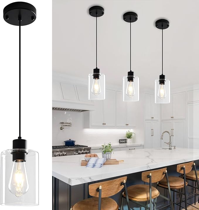 3 Pack Pendant Lights Kitchen Island, Black Kitchen Pendant Lighting Over Island, Hanging Light Fixtures Modern Glass Pendant Lights for Hallway Entryway Bedroom Dining Room