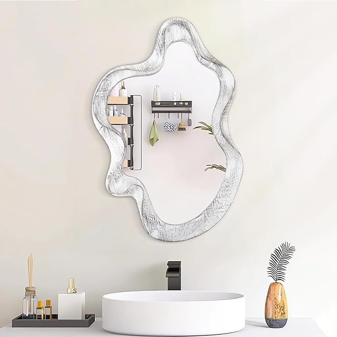 Asymmetrical Mirror Wood Frame Irregular Wall Mirror Unique Shape Wavy Wall Mirror Modern Artistic Cloud Mirror Decorative for Living Room Bedroom Cloakroom Bathroom Entryway Hallway White
