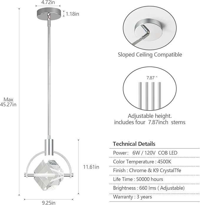 Pendant Ceiling Light Fixture for Kitchen Island, Modern Mini Integrated LED Hanging Light, Crystal Pendant Light in Chrome, Bedroom, Dining Room, Bar (1-Lights)