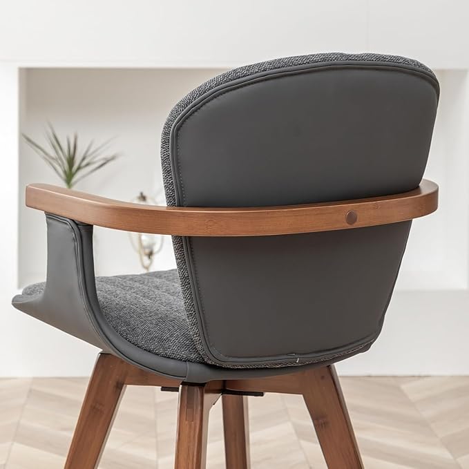 LUNLING Swivel Dining Chairs, Mid Century Modern Gray Fabric+Faux Leather Kitchen Chairs with Arms,Bamboo Legs Side Chairs No Wheels,Accent Chair for Dining Rooms and Offices(Gray Fabric,1PCS)