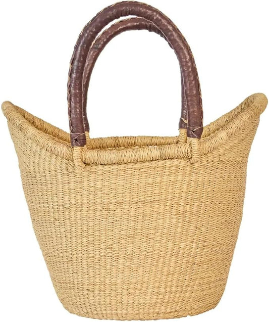 AYÉYA Handwoven African Basket – Winged Style – Wide Open Wicker Tote with Leather Handles – Unique Market or Foraging Basket – Handmade in Ghana