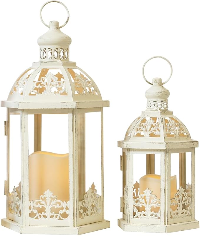Lanterns Decorative Outdoor&Indoor, Set of 2 (15"&11") Beige Metal Lantern Decor with Glass, Candle Holder for Porch, Patio, Garden, Fall, Wedding, Christmas, Table Centerpiece