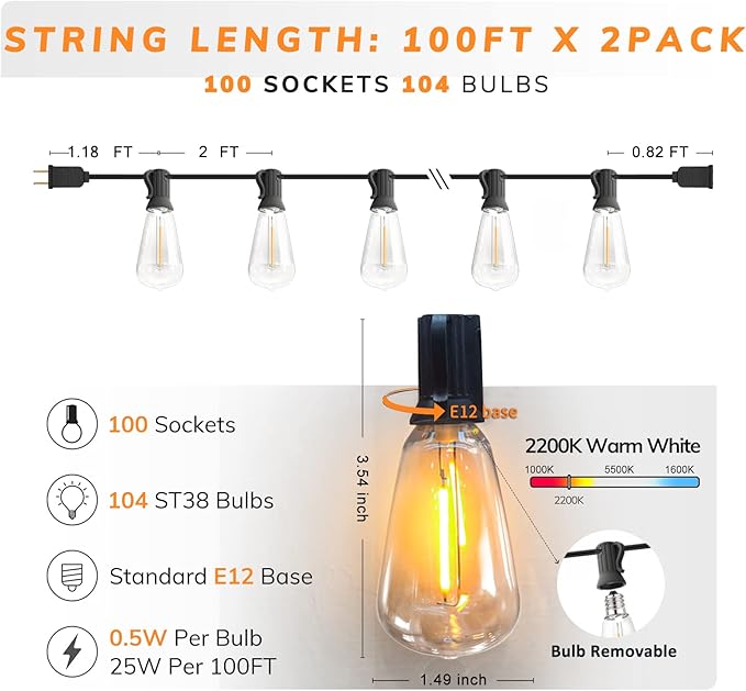 Achin Outdoor String Lights 200FT Vintage Edison String Lights with 104 Shatterproof ST38 Bulbs LED Dimmable Warm 2200K Plastic Patio Lights Outdoor Waterproof for Yard Gazebo Market Bistro Lights