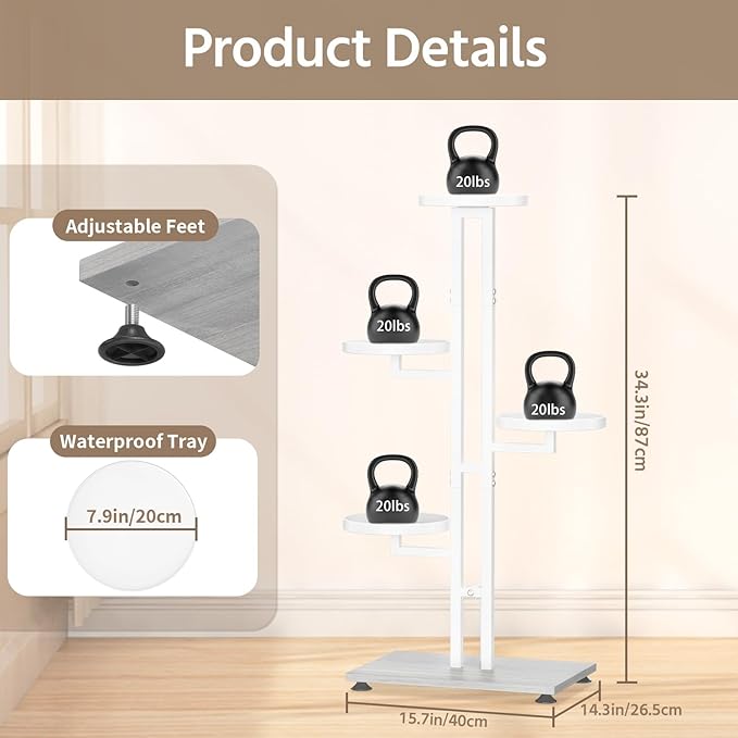 LASZOLA White 4 Tiered Plant Stand Indoors Heavy Duty Metal Rack, Sturdy Multi Level Shleving Hold Flowers, Larger House Decorate Ladder for Planting Inside Tree Herb Cactus, Wooden Base, Space Saving