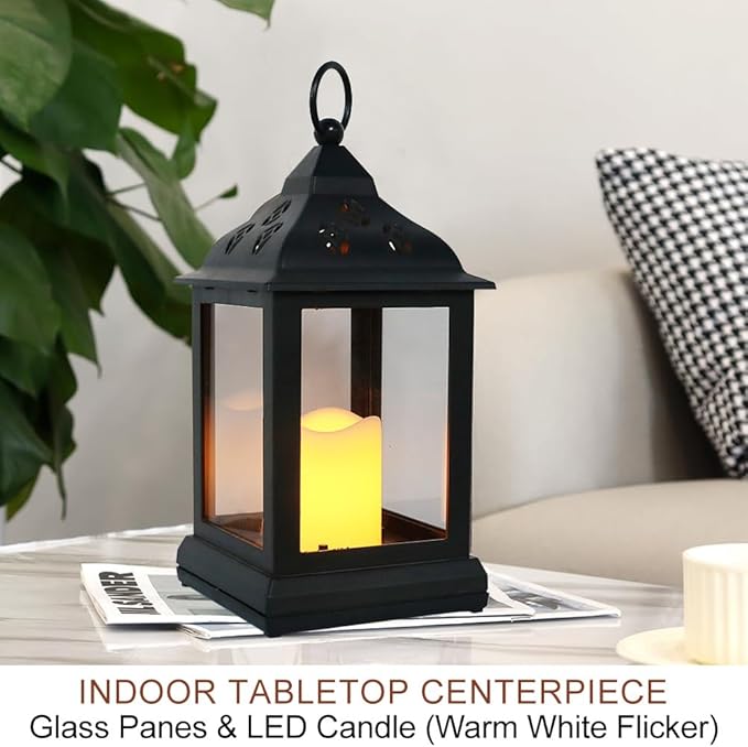 Bright Zeal 2-Pack 9.5" Vintage Decorative Candle Lantern with LED Flickering Flameless Candle (Black, 8hr Timer) - Indoor Hanging Lanterns Decorative Lanterns Battery Powered LED Candle Timer Candle