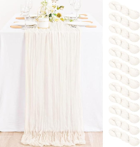 MLMC 12 Pack Ivory White Cheesecloth Table Runner Rustic Gauze White Cheese Cloth Fall Table Runner 10ft Boho Cheese Cloth Centerpiece 35x120 Inches for Dessert Anniversary Wedding Bridal Shower Decor