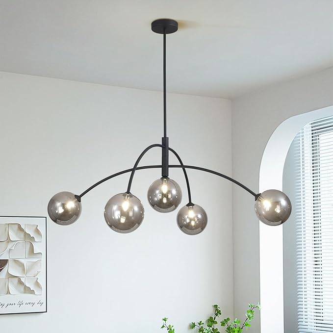 Mid Century Modern Chandelier Black 5 Light Industrial Pendant Light Fixture Vintage Smoke Gray Globe Glass Sputnik Chandeliers for Bedroom Kitchen Living Room Hallway